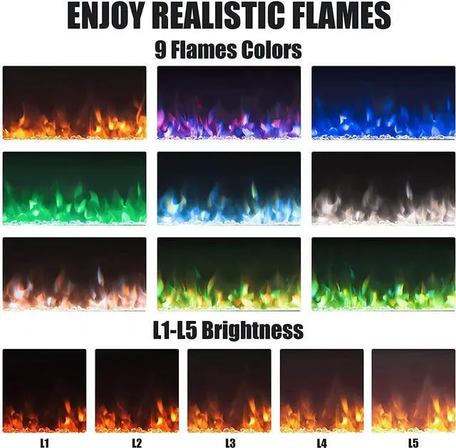 Alt view image 3 of 7 - ARLIME 50 Recessed Electric Fireplace 750W/1500W Wall Mounted & in Wall, Smokeless Electric Stove Heater with Remote Control Touch Screen, 9 Flame Color, Temperature Control & Timer Linear Fireplace