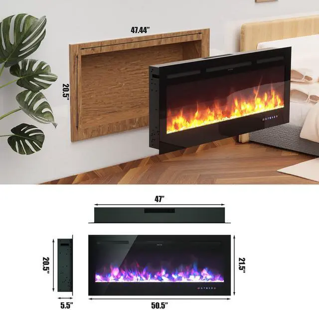 Alt view image 4 of 7 - ARLIME 50 Recessed Electric Fireplace 750W/1500W Wall Mounted & in Wall, Smokeless Electric Stove Heater with Remote Control Touch Screen, 9 Flame Color, Temperature Control & Timer Linear Fireplace