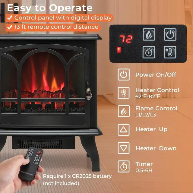 Alt view image 3 of 7 - ARLIME 20 Electric Fireplace Stove, Freestanding Fireplace Heater w/ 3D Realistic Flame Effect, Adjustable Heat, Overheating Safety System, Small Electric Fireplace, Black