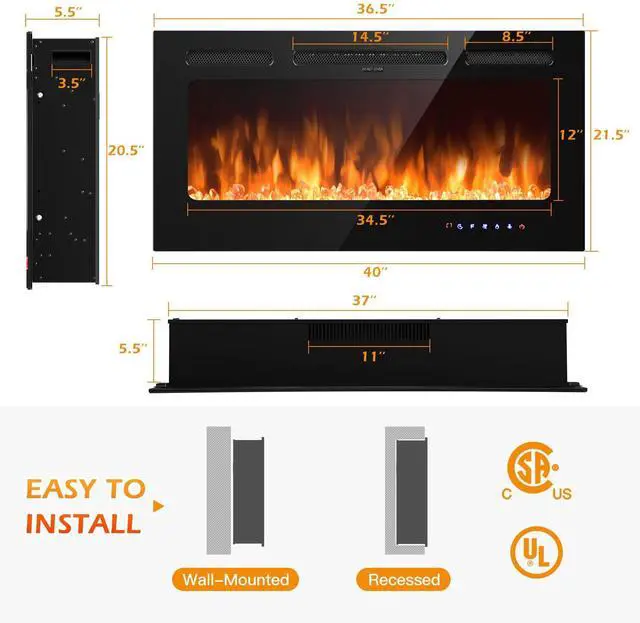 Alt view image 4 of 7 - ARLIME 40 Recessed Electric Fireplace 750W/1500W Wall Mounted & in Wall, Smokeless Electric Stove Heater with Remote Control Touch Screen, 9 Flame Color, Temperature Control & Timer Linear Fireplace
