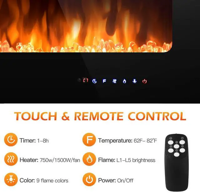 Alt view image 5 of 7 - ARLIME 40 Recessed Electric Fireplace 750W/1500W Wall Mounted & in Wall, Smokeless Electric Stove Heater with Remote Control Touch Screen, 9 Flame Color, Temperature Control & Timer Linear Fireplace