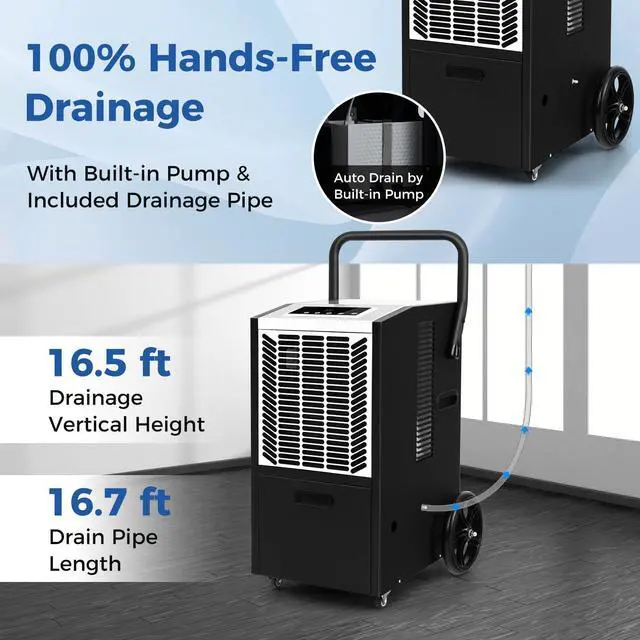 Alt view image 3 of 7 - ARLIME 163 Pints Commercial Dehumidifier w/Pump & Drain Hose, Industrial Heavy Duty Portable Dehumidifier for Large Spaces, Basement, Warehouse, Water Damage Restoration, Up to 4500 Sq.Ft (White)