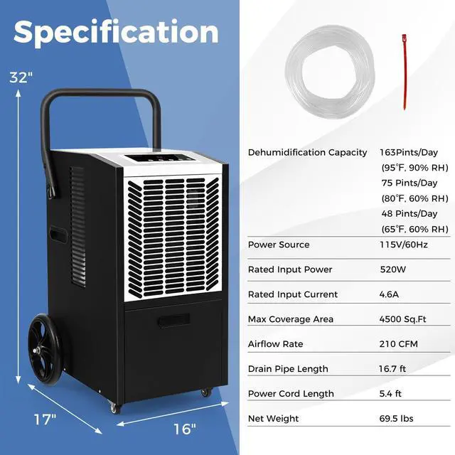 Alt view image 7 of 7 - ARLIME 163 Pints Commercial Dehumidifier w/Pump & Drain Hose, Industrial Heavy Duty Portable Dehumidifier for Large Spaces, Basement, Warehouse, Water Damage Restoration, Up to 4500 Sq.Ft (White)