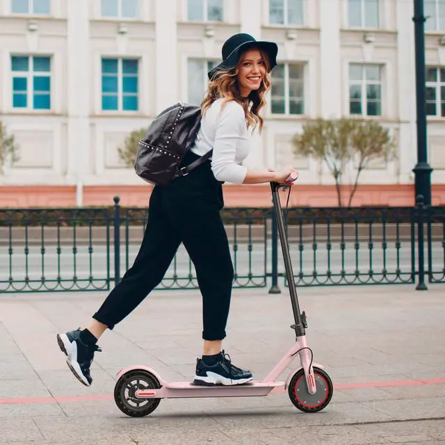 Alt view image 7 of 7 - Roinside Pink Electric Scooter - 8.5" Solid Tires, 350W Motor, Up to 19 MPH and 15 Miles Long-Range Commuting Foldable E-Scooter for Adults with Dual Braking System and Smart App