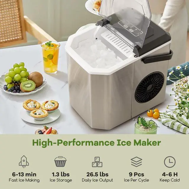 Alt view image 2 of 7 - ARLIME Countertop Ice Maker, Portable Ice Making Machine 6-13 Mins 9 Cubes, 26.5 lbs/24 H, 2 Sizes Cube, Auto-Cleaning Function, Basket & Scroop Include, Perfect for Home Kitchen Bar Office (Silver)