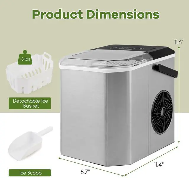 Alt view image 7 of 7 - ARLIME Countertop Ice Maker, Portable Ice Making Machine 6-13 Mins 9 Cubes, 26.5 lbs/24 H, 2 Sizes Cube, Auto-Cleaning Function, Basket & Scroop Include, Perfect for Home Kitchen Bar Office (Silver)