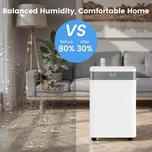 Alt view image 2 of 7 - ARLIME 54 Pints Dehumidifier, 4500 Sq.Ft Dehumidifier w/ 3 Working Modes, 3-Color IndicatorLights, 24H Timer, Memory, Auto Defrost, Child Lock, 1.1G Water Tank, Drain Hose for Home, Office, Basement