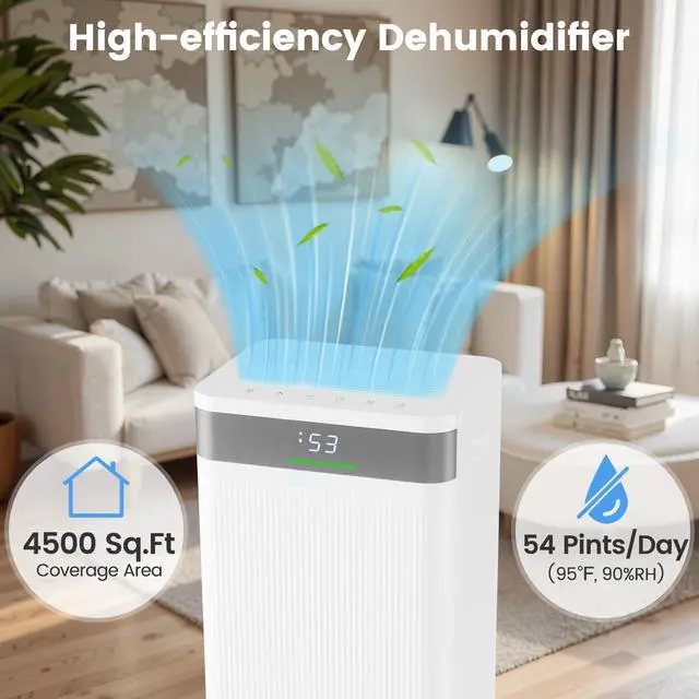 Alt view image 3 of 7 - ARLIME 54 Pints Dehumidifier, 4500 Sq.Ft Dehumidifier w/ 3 Working Modes, 3-Color IndicatorLights, 24H Timer, Memory, Auto Defrost, Child Lock, 1.1G Water Tank, Drain Hose for Home, Office, Basement
