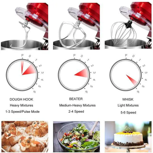 Alt view image 3 of 7 - ARLIME Stand Mixer, 660W 6-Speed Tilt-Head Food Stand Mixers with 6.5 Qt. Stainless Steel Bowl, Dough Hook, Whisk & Mixing Beater for Baking, Household Kitchen Electric Dough Machine (Red)