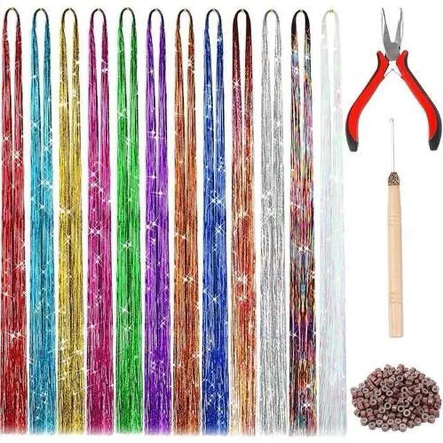 Main image of 47 Hair Tinsel Kit 12 Colors 2400 Strands With Tool Glitter Extensions for Girl