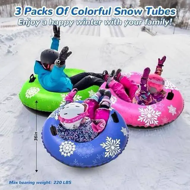 Alt view image 6 of 7 - 3-Pack Snow Tubes for Kids & Adults, Heavy-Duty Winter Sleds with Handles