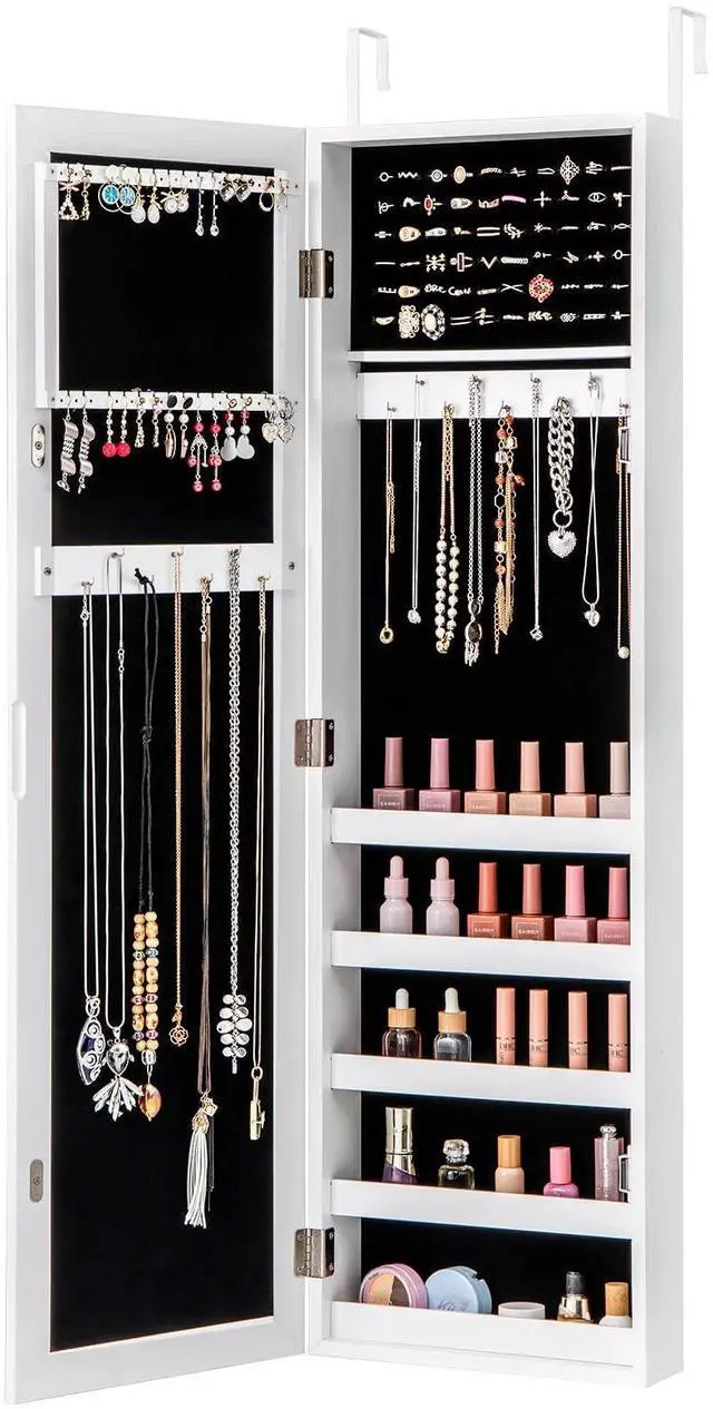 Main image of Giantex Jewelry Armoire with Full Length Mirror, Wall and Door Mounted Jewelry Cabinet Organizer with Magnetic Door, Large Storage for Earrings, Rings, Necklaces & Accessories, White