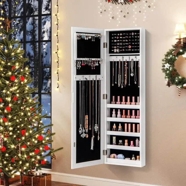 Alt view image 2 of 7 - Giantex Jewelry Armoire with Full Length Mirror, Wall and Door Mounted Jewelry Cabinet Organizer with Magnetic Door, Large Storage for Earrings, Rings, Necklaces & Accessories, White