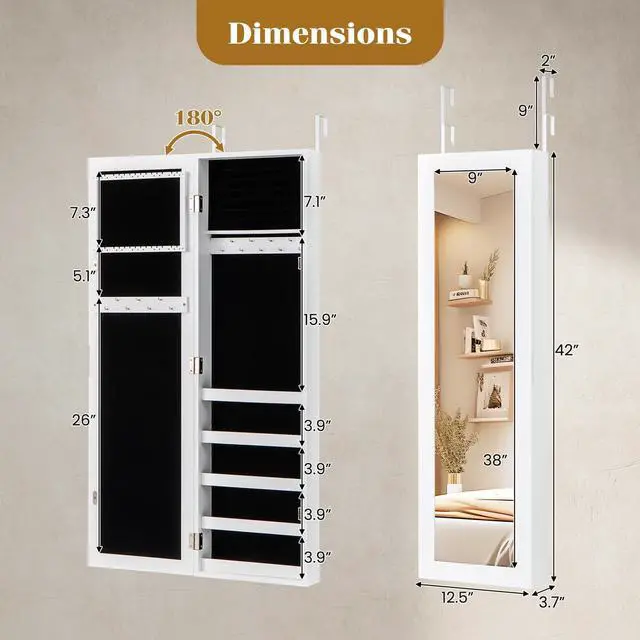 Alt view image 4 of 7 - Giantex Jewelry Armoire with Full Length Mirror, Wall and Door Mounted Jewelry Cabinet Organizer with Magnetic Door, Large Storage for Earrings, Rings, Necklaces & Accessories, White