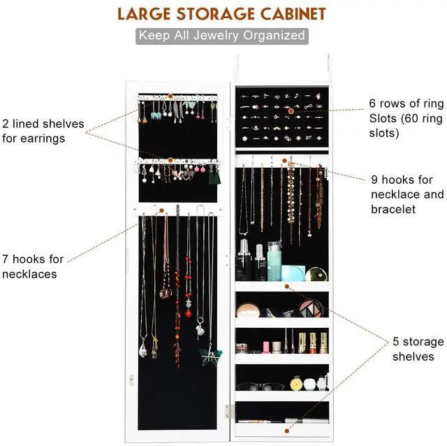 Alt view image 5 of 7 - Giantex Jewelry Armoire with Full Length Mirror, Wall and Door Mounted Jewelry Cabinet Organizer with Magnetic Door, Large Storage for Earrings, Rings, Necklaces & Accessories, White