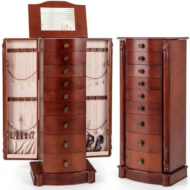 Main image of Giantex Large Jewelry Armoire Cabinet with 8 Drawers & 2 Swing Doors 16 Hooks Top Mirror Boxes, Standing Cambered Front Storage Chest Stand, Large Standing Jewelry Armoire, Dark Walnut