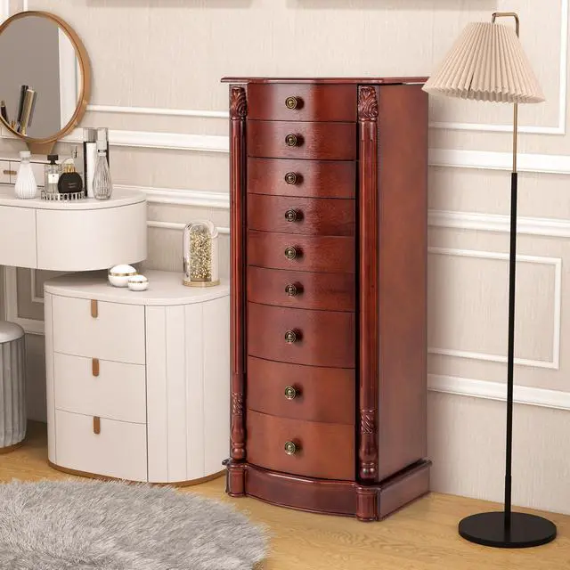 Alt view image 2 of 7 - Giantex Large Jewelry Armoire Cabinet with 8 Drawers & 2 Swing Doors 16 Hooks Top Mirror Boxes, Standing Cambered Front Storage Chest Stand, Large Standing Jewelry Armoire, Dark Walnut