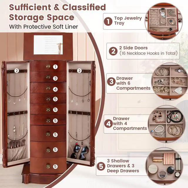 Alt view image 3 of 7 - Giantex Large Jewelry Armoire Cabinet with 8 Drawers & 2 Swing Doors 16 Hooks Top Mirror Boxes, Standing Cambered Front Storage Chest Stand, Large Standing Jewelry Armoire, Dark Walnut