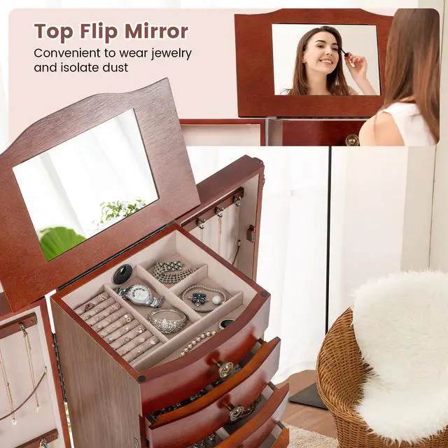 Alt view image 4 of 7 - Giantex Large Jewelry Armoire Cabinet with 8 Drawers & 2 Swing Doors 16 Hooks Top Mirror Boxes, Standing Cambered Front Storage Chest Stand, Large Standing Jewelry Armoire, Dark Walnut