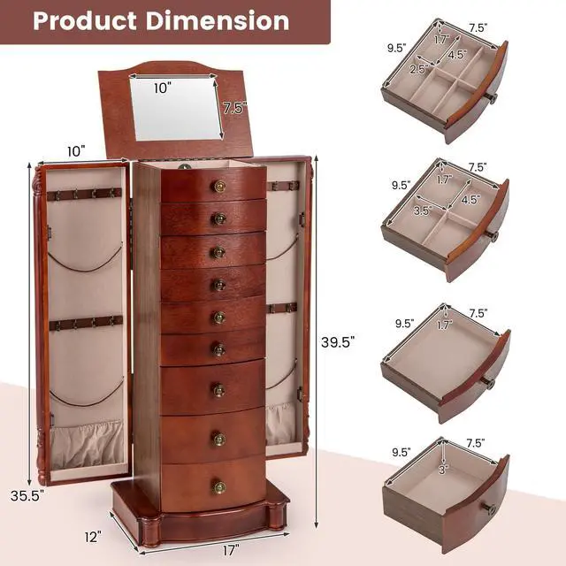 Alt view image 5 of 7 - Giantex Large Jewelry Armoire Cabinet with 8 Drawers & 2 Swing Doors 16 Hooks Top Mirror Boxes, Standing Cambered Front Storage Chest Stand, Large Standing Jewelry Armoire, Dark Walnut