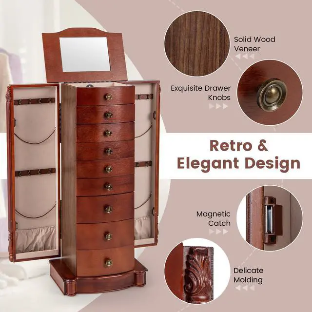 Alt view image 6 of 7 - Giantex Large Jewelry Armoire Cabinet with 8 Drawers & 2 Swing Doors 16 Hooks Top Mirror Boxes, Standing Cambered Front Storage Chest Stand, Large Standing Jewelry Armoire, Dark Walnut