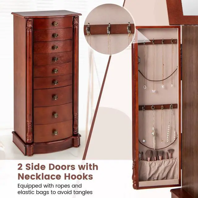 Alt view image 7 of 7 - Giantex Large Jewelry Armoire Cabinet with 8 Drawers & 2 Swing Doors 16 Hooks Top Mirror Boxes, Standing Cambered Front Storage Chest Stand, Large Standing Jewelry Armoire, Dark Walnut
