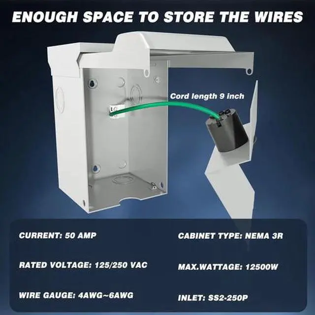 Alt view image 4 of 7 - 50 Amp Generator Power Inlet Box with Cord, NEMA SS2-50P Power Inlet Box, 125/25