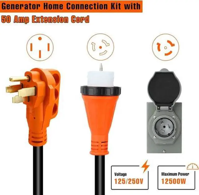 Alt view image 3 of 7 - 50 Amp Generator Cord 25FT and 50 Amp Power Inlet Box for Home, NEMA 14-50P SS2-
