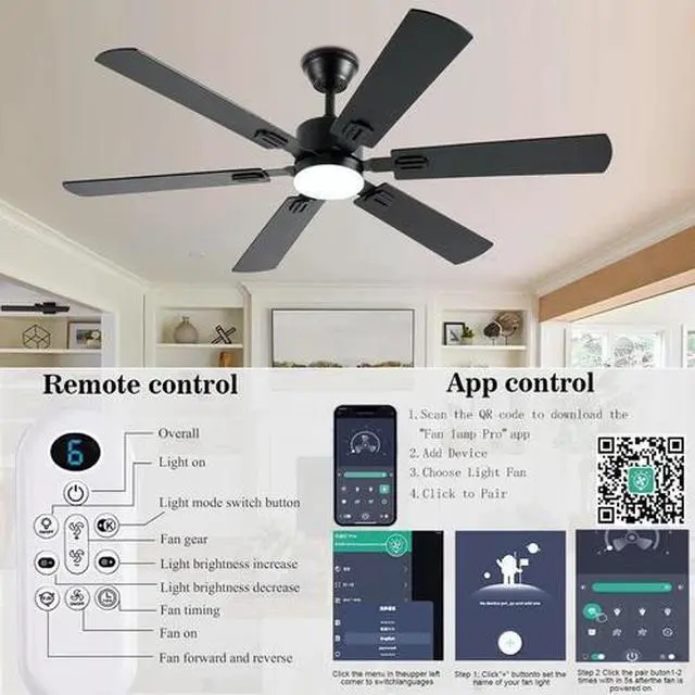 Alt view image 4 of 7 - 56Inch Black Ceiling Fans with Lights and Remote/App Control, Dimmable LED, Reve