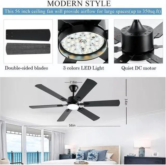 Alt view image 5 of 7 - 56Inch Black Ceiling Fans with Lights and Remote/App Control, Dimmable LED, Reve