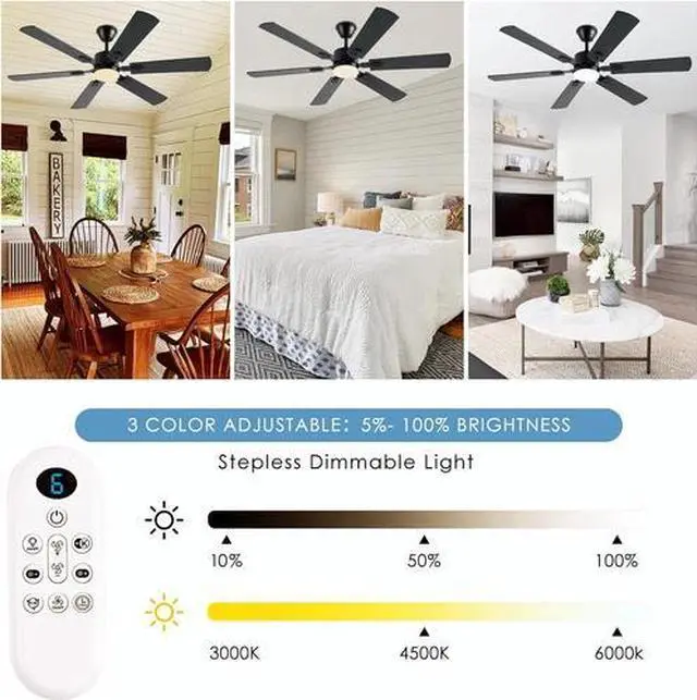 Alt view image 6 of 7 - 56Inch Black Ceiling Fans with Lights and Remote/App Control, Dimmable LED, Reve