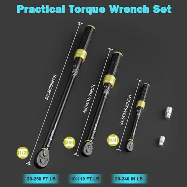 Alt view image 2 of 7 - 1/4 3/8 1/2-Inch Drive Torque Wrench, 5 Pcs Click Torque Wrench Set, 20-240In.Lb