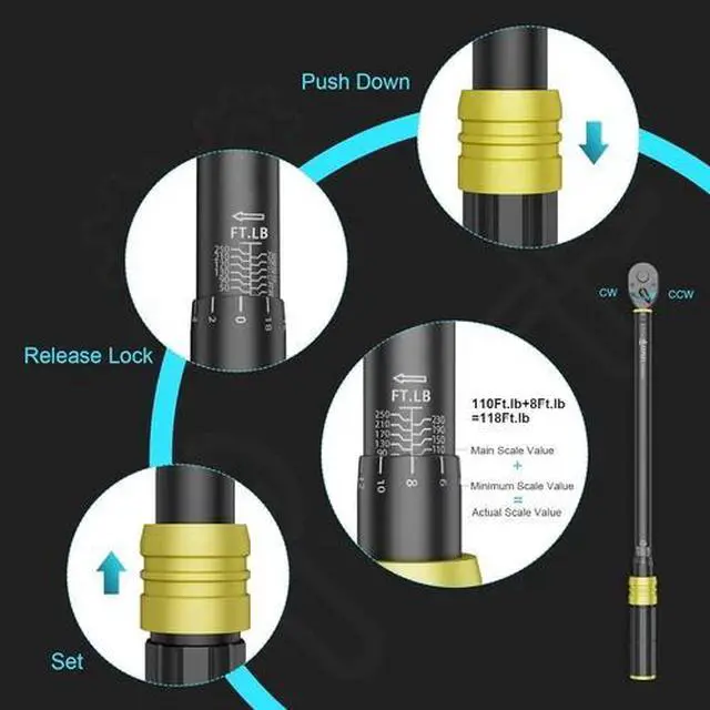 Alt view image 6 of 7 - 1/4 3/8 1/2-Inch Drive Torque Wrench, 5 Pcs Click Torque Wrench Set, 20-240In.Lb