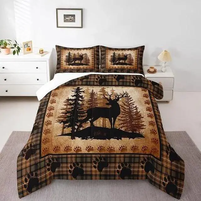 Alt view image 3 of 7 - Deer Bear Plaid Comforter Set Queen Size,Animal Hunting Bear Print Bedding Set f