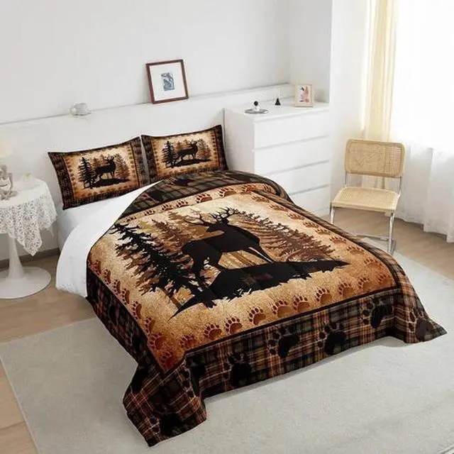 Alt view image 2 of 7 - Deer Bear Plaid Comforter Set Queen Size,Animal Hunting Bear Print Bedding Set f