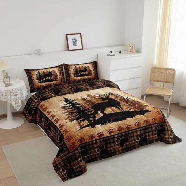 Alt view image 4 of 7 - Deer Bear Plaid Comforter Set Queen Size,Animal Hunting Bear Print Bedding Set f