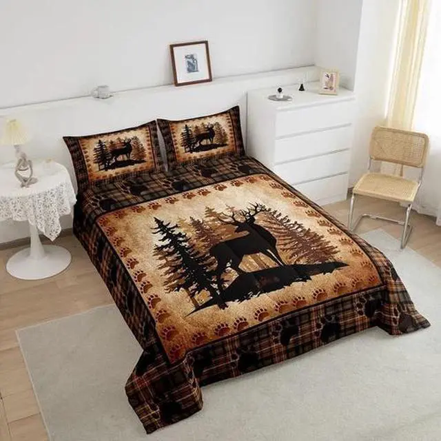 Alt view image 5 of 7 - Deer Bear Plaid Comforter Set Queen Size,Animal Hunting Bear Print Bedding Set f