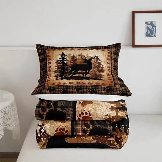 Alt view image 6 of 7 - Deer Bear Plaid Comforter Set Queen Size,Animal Hunting Bear Print Bedding Set f