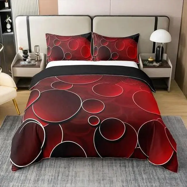 Main image of Red and Black Duvet Cover 100% Cotton Queen Size Kids Circle Comforter Cover Set