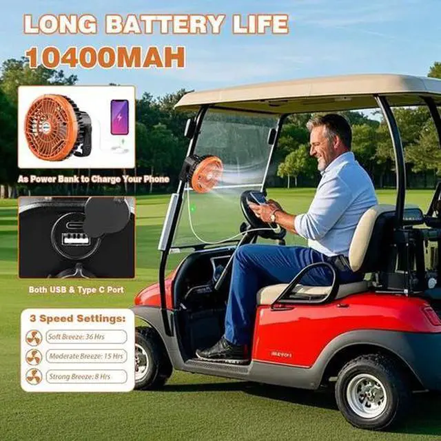 Alt view image 2 of 7 - Rechargeable Golf Cart Fan 10400Mah Battery Powered Fan Portable Cordless Fan W/