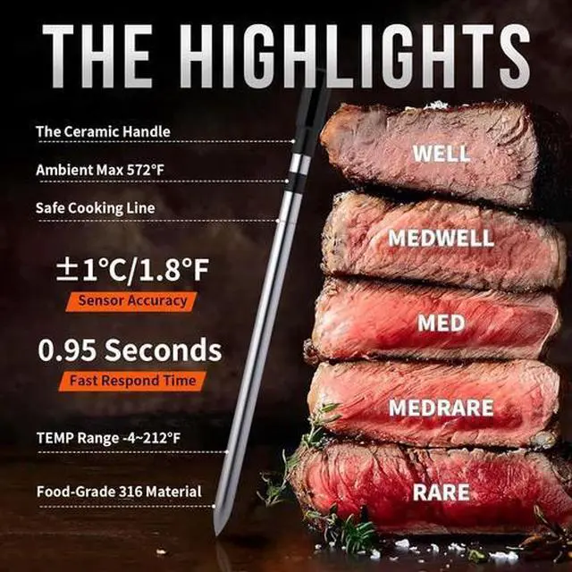 Alt view image 4 of 6 - Meat Thermometer Digital Wireless, 800FT Long Range Bluetooth Cooking Thermomete