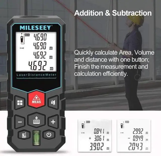 Alt view image 4 of 6 - Mileseey 164Ft Laser Distance Meter Digital Tape Measure Area Volume Measure