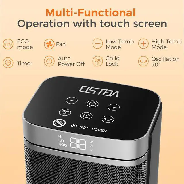 Alt view image 2 of 7 - OSTBA Portable Space Heater for Indoor Use, 1500W Ceramic Electric Heater with ECO Thermostat, 70° Oscillation, Remote & 24H Timer, Safe Quiet Room Heater for Bedroom, Office, Desk, ETL Listed