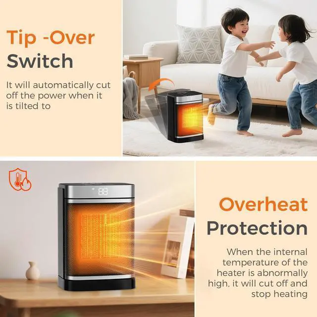 Alt view image 3 of 7 - OSTBA Portable Space Heater for Indoor Use, 1500W Ceramic Electric Heater with ECO Thermostat, 70° Oscillation, Remote & 24H Timer, Safe Quiet Room Heater for Bedroom, Office, Desk, ETL Listed