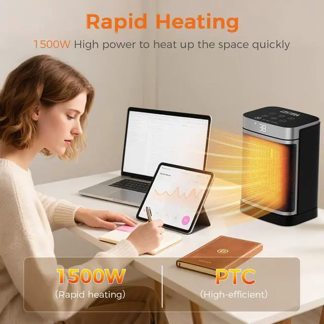 Alt view image 5 of 7 - OSTBA Portable Space Heater for Indoor Use, 1500W Ceramic Electric Heater with ECO Thermostat, 70° Oscillation, Remote & 24H Timer, Safe Quiet Room Heater for Bedroom, Office, Desk, ETL Listed