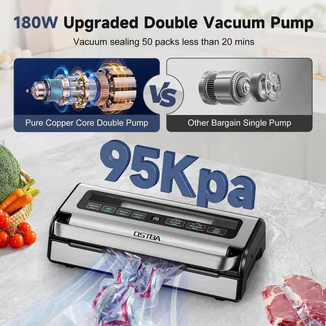 Alt view image 3 of 7 - OSTBA 180W Vacuum Sealer Machine, 12-in-1 Double Pump Food Saver with Built-in Cutter & Bag Storage, Easy-Lock Handle, Dry & Moist & Marinate, Memory Function, Includes 1 Roll of Vacuum Bags & Hose