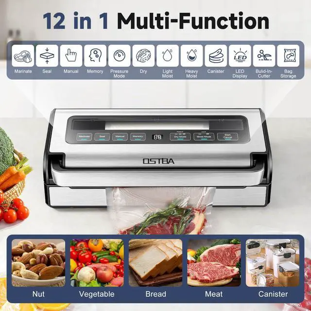 Alt view image 2 of 7 - OSTBA 180W Vacuum Sealer Machine, 12-in-1 Double Pump Food Saver with Built-in Cutter & Bag Storage, Easy-Lock Handle, Dry & Moist & Marinate, Memory Function, Includes 1 Roll of Vacuum Bags & Hose