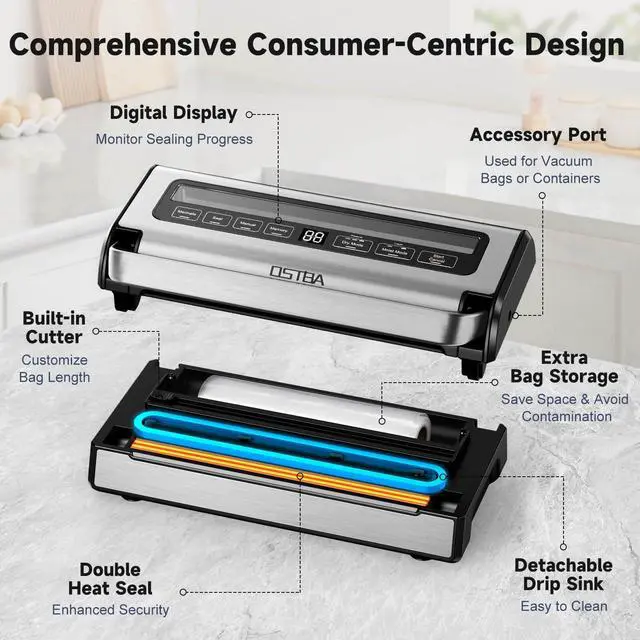 Alt view image 6 of 7 - OSTBA 180W Vacuum Sealer Machine, 12-in-1 Double Pump Food Saver with Built-in Cutter & Bag Storage, Easy-Lock Handle, Dry & Moist & Marinate, Memory Function, Includes 1 Roll of Vacuum Bags & Hose