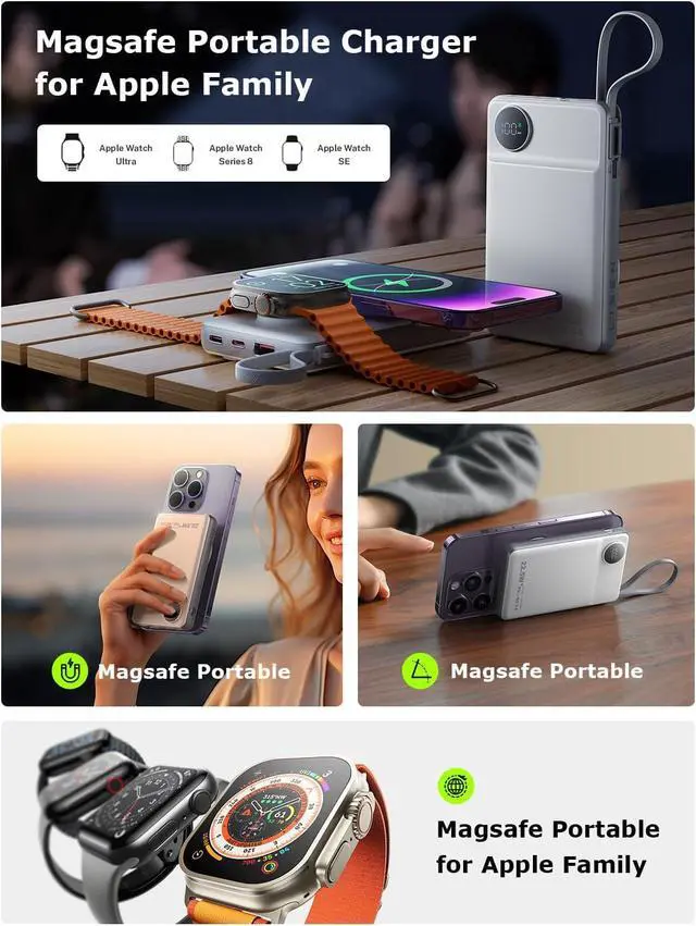 Alt view image 2 of 7 - LISEN Portable Charger for iPhone Power Bank for Magsafe Battery Pack, 10000mah Power Bank Fast Charging 22.5W Built-in Cable for Magsafe Portable Charger Fits iPhone 15 Pro Max Plus 14 13 12