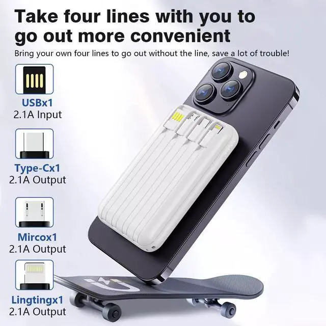 Alt view image 2 of 7 - 10000mAh Power Bank 15W Magnetic Fast Charging External Battery Wireless Charger with 4lines Cable for iPhone 15/14/13 xiaomi
